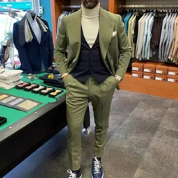 2023 Kostüm Yeşil Tepe Yaka Erkek Takım Elbise Düğün Damat Smokin Slim Fit Terno Masculino Balo Parti Blazer 3 Adet Ceket + Pantolon + Yelek