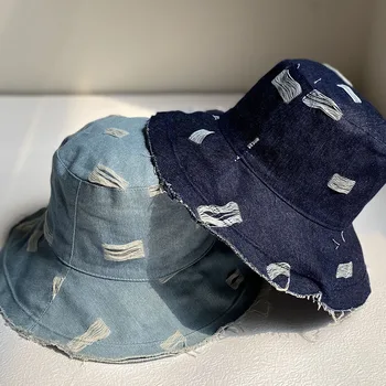 2023 Vintage Kişiselleştirilmiş Kırık Delik Denim Balıkçı Şapka İlkbahar / Yaz İnce Tarzı Çok Yönlü Rahat Seyahat Unisex