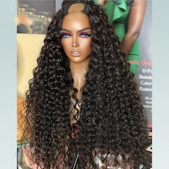 24 inç Doğal Siyah Kinky Kıvırcık U Parçası Peruk Avrupa Remy İnsan Saçı Uzun Tutkalsız Yahudi Yumuşak Peruk Siyah Kadınlar İçin Günlük