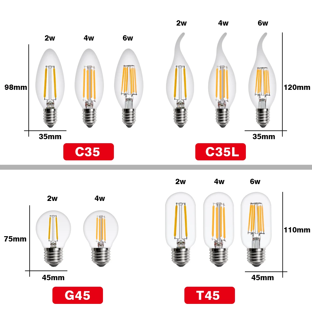 2 Adet / grup E27 E14 Retro LED Edison Ampul 220V LED filament ampul Lamba Ev İçin G45 A60 ST64 G80 G95 Vintage Mum ışığı cam Ampul
