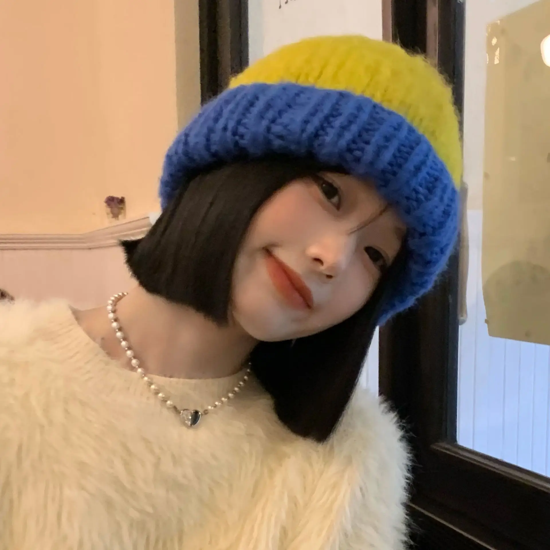 Sonbahar ve Kış Kalın Yün Şapka kadın Büyük Kafa Bandı Çok Yönlü Sıcak Örme Şapka Renk Eşleştirme Şapka Moda
