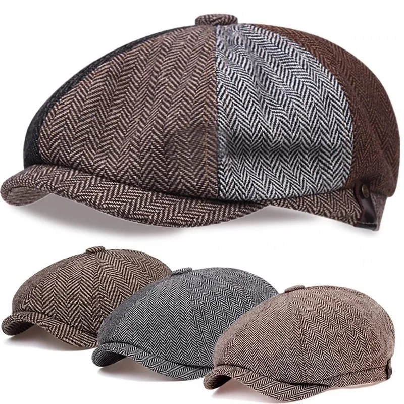 Vintage Klasik Erkek Kadın Bere Şapka Klasik Ekose Şerit Bere Sonbahar Kış Pamuk Düz Kap Balıksırtı Şapka Çok Yönlü Şapka
