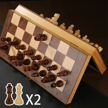 4 Queens Manyetik Satranç Oyunu Ahşap Satranç Seti 34 Satranç Taşları Katlanabilir Ahşap Gömülü Satranç Tahtası Aile Masa Oyunu Hediyeler Oyuncak