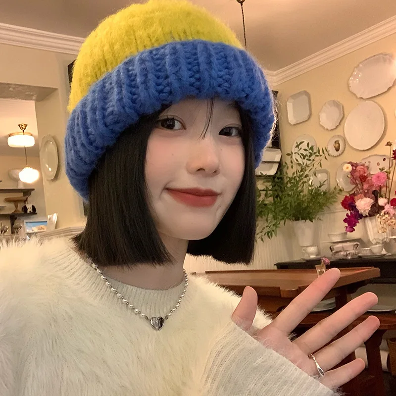 Sonbahar ve Kış Kalın Yün Şapka kadın Büyük Kafa Bandı Çok Yönlü Sıcak Örme Şapka Renk Eşleştirme Şapka Moda