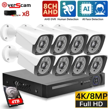 8CH 4K AHD DVR Kiti Yüz Algılama 8MP AHD CCTV Kamera Sistemi Seti Açık su geçirmez kurşun Kamera Güvenlik Gözetim Kiti 4CH