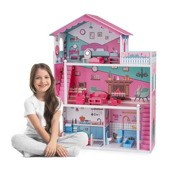Ahşap Dollhouse Mobilya 4-Rooms, 18 adet Mobilya ve Aksesuarları Çocuklar Hediye Oyuncaklar Modeli Hobbes Oyuncaklar