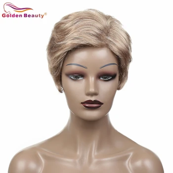 Altın Güzellik Nancy Sentetik Saç Peruk Yüksek Sıcaklık Fiber Ombre Sarışın Kısa Kıvırcık Bobo kahküllü peruk Beyaz Kadınlar İçin