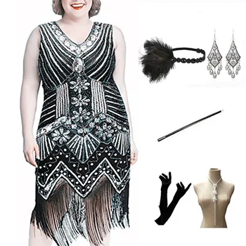 Artı Boyutu 1920s Art Deco Uzun Saçaklı Pullu Boncuk Sineklik Kükreyen 20s Gatsby Parti Kostüm Vintage Elbise kadınlar için