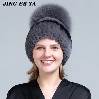 Bayan Gerçek Kürk Kap Kadın Şapka İyi Elastik Doğal Kabarık Gerçek Tilki Kürk Şapka Yeni Kış Kadın Örme Gerçek Rex Tavşan Kürk Şapka