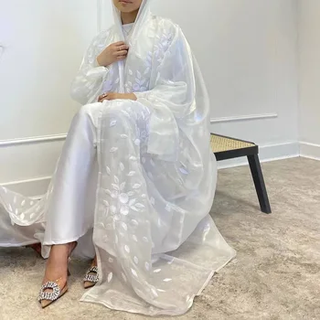 Beyaz Saten Açık Abaya Kimono Kadınlar Nakış Kabarcık Kollu Yaz Türkiye Abayas Müslüman Elbise Dubai Lüks İslam Kaftan