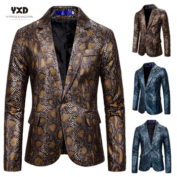 Bronzlaşmaya Yılan Baskılı Blazer Erkek Takım Elbise Smokin Kulübü Bar Giyim En Iyi Erkek Blazer Iş Yeni Moda Sağdıç Ince Rahat Ceket