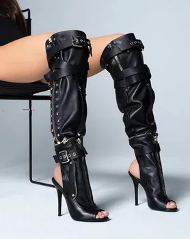 Chaussures Femme Siyah Yaz Deri Uyluk Yüksek Topuk Diz Üzerinde Motosiklet Botları Peep Toe Fermuar Punk Pist Ayakkabı Kadın