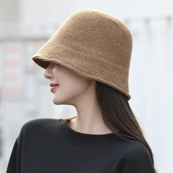 Düz Örgü Kova Şapka Kadınlar için Sıcak Geniş Ağızlı Kablo Balıkçı Kapaklar Katlanabilir Disket Havzası Şapka Packable Düz Şapka