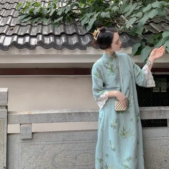 Gevşek Cheongsam'lar Geliştirilmiş Yeşil Qipao Kadın Zarif Çin Tarzı Elbise Uzun Vestidos Seksi Dantel Kollu Elbiseler Yeni Hanfu Kostüm