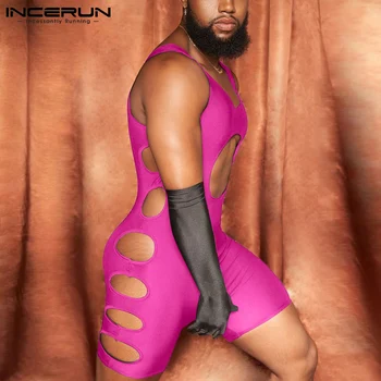INCERUN Rahat Ev Tekstili Yeni erkek Seksi Eğlence Tüm Maç Basit Onesies Moda Katı Hollow Out Kolsuz Bodysuits S-5XL