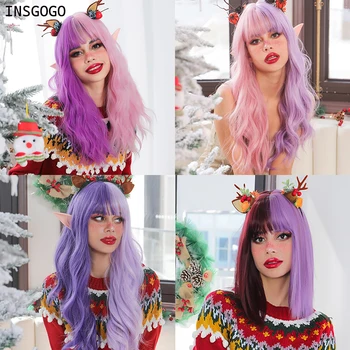INSGOGO Sentetik Peruk Kadınlar İçin Patlama İle Renkli Noel Cadılar Bayramı Cosplay Lolita Tarzı Doğal İsıya Dayanıklı Saç 2023