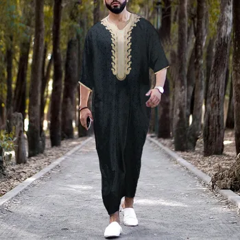 İslam Kaftan Müslüman erkek Elbise Giyim Fas Kaftan El Baskılı Gevşek Nefes Djellaba Abaya Thobe Erkekler için 2023 Yaz