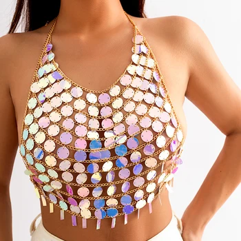 İçgörü.Z Seksi Renkli Sequins Püsküller Halter Boyun Bikini Göğüs Zinciri Kadınlar için Yaz Plaj Üstleri Festivali Parti Vücut Zinciri
