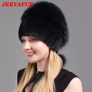 JINBAOSEN Kadın Kürk Şapka Kabarık Kış Sıcak Örme Doğal Vizon Kürk Şapka Moda Üst Şapka Kadın Doğal Kürk Şapka