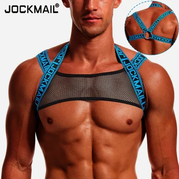 JOCKMAIL Erkekler Halter Boyun Örgü Koşum Elastik Vücut göğüs askısı Askısı Seksi Esaret İç Çamaşırı Omuz Askıları Halka Sahne Clubwear