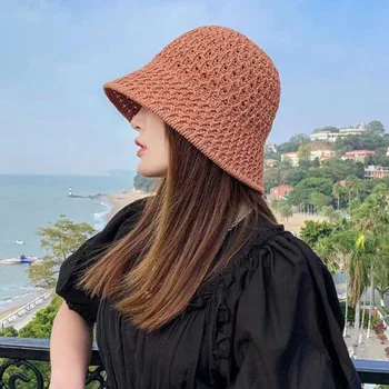 Kadın Balıkçı Şapka Moda Örme Kova Şapka Yaz Hollow Out Güneş Koruyucu Şapka Kadın Açık plaj şapkası 4 Renk