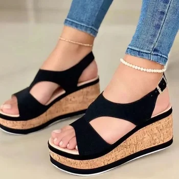 Kadın Peep Toe Sandalet Yaz platform ayakkabılar Kadın Sandalet Kalın Alt Kama Ayakkabı Seksi Zarif yüksek topuklu sandalet Artı Boyutu 43