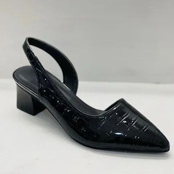 Kadın Sivri Burun Pompaları Orta Tıknaz Topuklu Slingback Sandalet Ayakkabı Yaz Yeni Vintage Kadın Bayan Kadın Sandalet Terlik Ayakkabı
