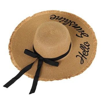 Kadınlar Büyük Ağız Hasır Şapka Mizaç MERHABA GÜNEŞ Nakış Açık Yaz plaj şapkası kurdele bağı Up güneş şapkası Kap Aksesuarları