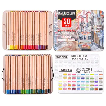 KALOUR 50 Renkler Profesyonel Yumuşak Pastel Kalemler Ahşap Cilt Tonları Demir Kutu Paketi Pastel Renkli Kalemler Çizim Okulu