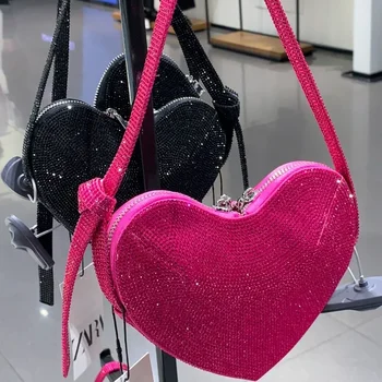 Kalp Şeklinde Çanta sevgililer Günü Aşk Kalp Çanta Parlak Elmas Parti Mini Çanta omuz çantası Sentetik Deri Hediye