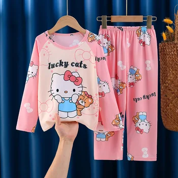 Karikatür Sanrio çocuk Loungewear Seti Hello Kittys Aksesuarları Sevimli Kawaii Anime Uzun Kollu Pijama İnce Oyuncaklar Kızlar için hediye