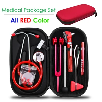 Kırmızı Klasik Tıbbi Sağlık Monitör saklama kutusu Kiti ile Stetoskop Otoskop Tuning Çatal Refleks Çekiç LED Penlight Torch Aracı