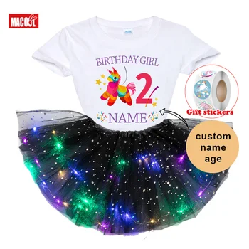 Kızlar Doğum Günü Tutu Elbise Seti Karikatür Doğum Günü T Shirt Kız Çocuk Elbise Seti parti ışığı Noel Elbise Kişiselleştirilmiş Tshirt Çocuk