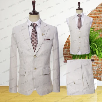 Lüks erkek Takım Elbise Düğün 2023 Açık Haki Tek Göğüslü Resmi iş ceket İnce Üç Parçalı Takım Elbise (Ceket + Pantolon + Yelek)