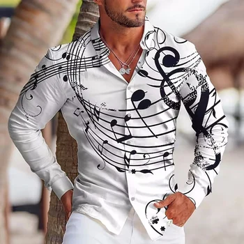 Lüks Moda Gömlek Erkekler İçin Rahat nota Baskı Büyük Boy Düğme Uzun Kollu Üst Erkek Giyim Ofis Tasarımcısı Ve Bluz