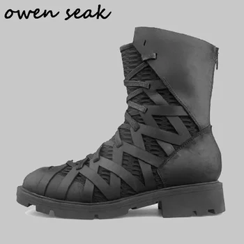 Owen Seak Erkekler Ayakkabı Yüksek Ayak Bileği Lüks Eğitmenler Hakiki Deri Zip Sürme Kış Kar Botları Rahat Dantel Up Flats Siyah Sneakers