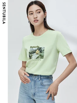 Sentubila Yeşil %100 % Pamuklu T-Shirt Kadınlar için 2023 Yaz Doğal Manzara Baskı Kısa Kollu Tees Casual Temel kadın Üstleri