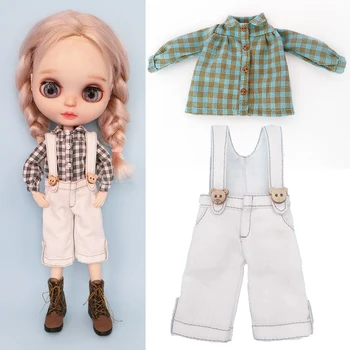Sevimli Blyth Doll Ekose Desenli Gömlek Ob22 Bebek Standı Yaka Gömlek Düğmeleri İle Bebek Beyaz Tulum Licca Azones Ob24 Bebek