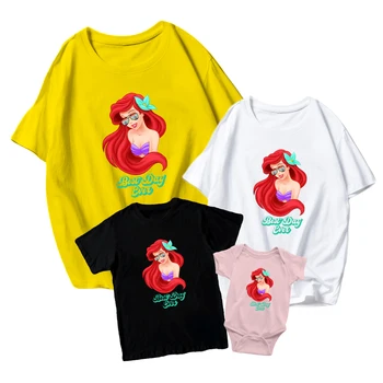 T Shirt Disney Ariel Prenses Güneş Gözlüğü Serisi Çocuklar Kısa Kollu Kız Erkek Bebek Romper Aile Eşleştirme Yetişkin sıfır yaka bluzlar