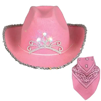 Tiara Batı Cowgirl Şapkalar Kadınlar için Taç ile Kız Haddelenmiş fötr şapkalar Tüy Kenar kovboy şapkası ve Bandana Eşarp Fular