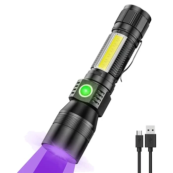 UV el feneri mor ışık, süper parlak küçük şarj edilebilir su geçirmez manyetik LED el feneri, cep flaş ışığı