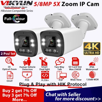 Vikylin 5X Zoom Bullet Güvenlik IP Kamera 4K 8MP 5MP Tam Renkli Hikvision Uyumlu POE İki Yönlü Ses İnsan Araç Algılama
