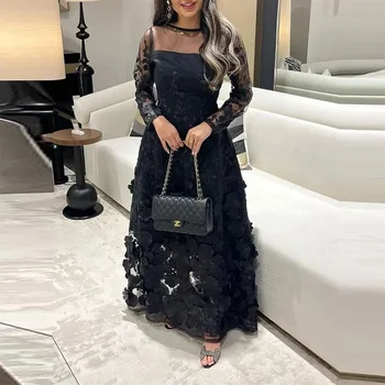 Xıjun Dubai Siyah 3D Çiçekler Dantel Aplikler Abiye Uzun Kollu O-boyun Suudi Arabistan Kadınlar Örgün Parti Balo Abiye 2023