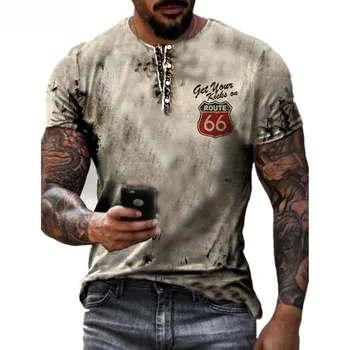 Yaz erkek tişört Vintage O-Boyun T Gömlek Moda ABD Rota 66 Mektup 3D Baskı Artı Boyutu Gevşek Kısa Kollu Vintage Uydurma