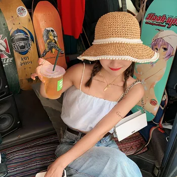 Yaz Kadın kova kapağı Bayanlar Inci Tığ Hasır Şapkalar Katlanabilir Sahil Plaj Kapaklar Büyük Ağız Açık UV Koruma güneş şapkaları