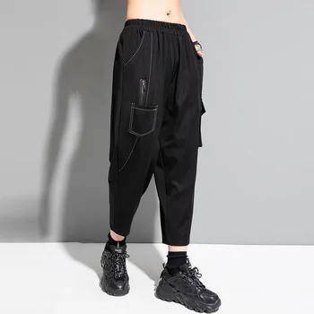 Yaz Moda Eklenmiş Çoklu Cepler Siyah Rahat harem pantolon Kadın Streetwear Hip Hop Gevşek Elastik Yüksek Bel Pantolon 7070
