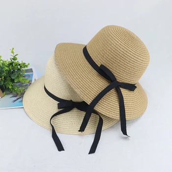 Yaz şapka Yay düğüm kadın güneşlik şapka Açık güneş koruyucu şapka Büyük ağız hasır şapka Basit ve katlanabilir Turizm Plaj