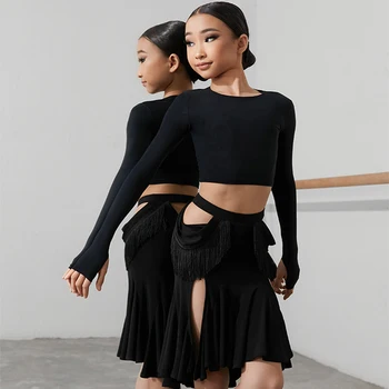 Yeni Latin dans eteği Kızlar İçin Uygulama Elbise Çocuklar Latin Performans Giyim Cha Cha Balo Salonu dans kostümü Siyah Etek DNV17258