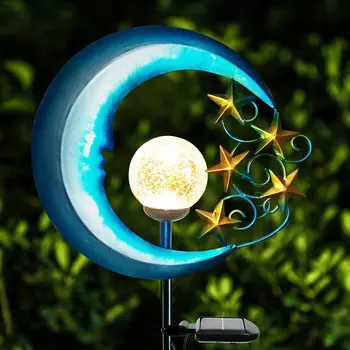 Yıldız ay güneş ışıkları açık güneş enerjili bahçe ışıkları dekoratif Crackle cam küre Led su geçirmez peyzaj aydınlatma