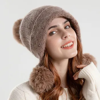 Ücretsiz Kargo Kış kadın Şapka Kabartmak kalınlaşma Sıcak Kasketleri Soğuk Geçirmez Earmuffs Kapaklar Inci Güzel örgü şapkalar Kadınlar İçin